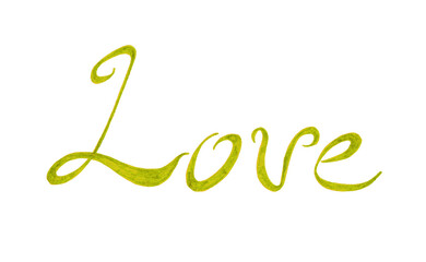 Lettering word Love. Yellow green olive color. Isolated on white background. Italic font, rounded lines, long swirling serif letters. Different shades of ocher, khaki. Dynamic letters.