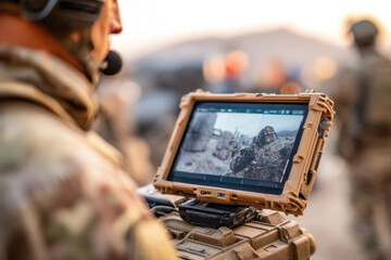 Soldier using tablet for battlefield monitoring