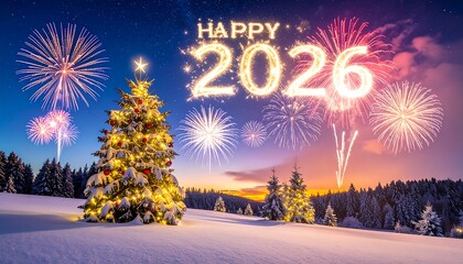 Happy 2026 New Year Celebration with Fireworks and Decorated Christmas Tree image