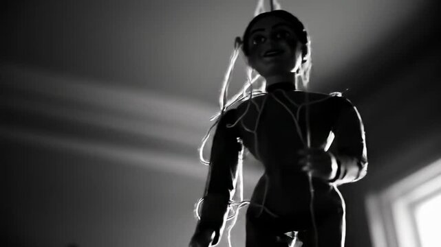 A black  white puppet hangs with visible strings lowangle shot in a shadowy room