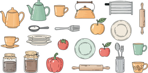 Vector art of collection of kitchenware and food items