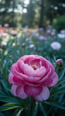 Vibrant Pink Peony Blossom in a Lush Garden Setting.