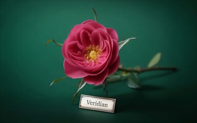 Single Pink Rose with Viridian Label on Dark Green Background.