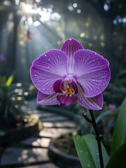 Vibrant Purple Orchid with Water Droplets in a Lush Garden with Sun Rays.