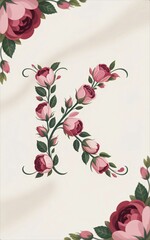 Floral Alphabet Letter K with Pink Roses and Green Leaves.