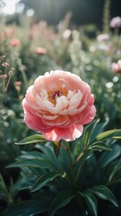 Vibrant Coral Peony Blossom Bathed in Golden Sunlight.