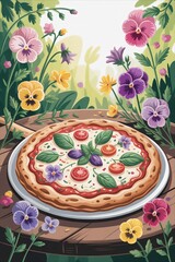 Gourmet Pizza with Edible Flowers on a Rustic Table in a Vibrant Garden.