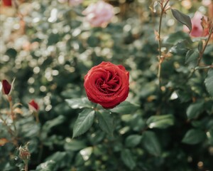 Vibrant Red Rose Blooming in a Lush Green Garden.