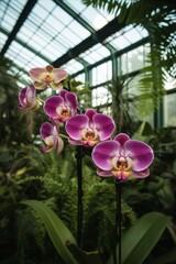 Vibrant purple orchids bloom in a lush greenhouse showcasing their delicate petals and intricate patterns under natural light.