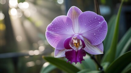 Closeup of a vibrant purple orchid with water droplets bathed in soft sunlight 1.