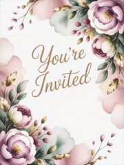 Elegant Youre Invited Card with Watercolor Flowers and Gold Accents.