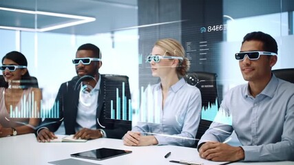 Diverse Business Team Using Augmented Reality Glasses for Data Analysis in Modern Office - Powered by Adobe