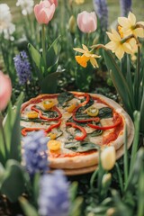 Delicious Vegetarian Pizza Nestled Among Vibrant Spring Flowers.