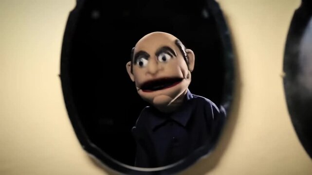 Two ventriloquist dummies are seen one with a smoky background wearing navy shirts and appearing in a dark setting