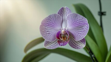 Closeup of a beautiful purple and white striped orchid flower with green leaves.