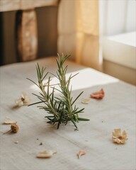 Fresh Rosemary Sprigs and Dried Petals on a Light Tablecloth.