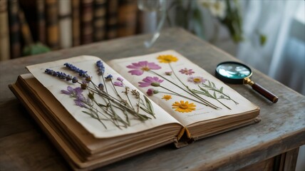 Vintage Herbarium Book with Pressed Flowers and Magnifying Glass on Wooden Table.