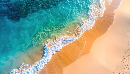 Aerial View of Turquoise Sea Meets Sandy Beach with Foamy Waves in Sunlight Tropical Paradise Scenery and Seascape for Summer Vacation