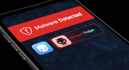 Mobile phone displaying malware detected message. blocked trojan virus on smartphone screen. Cybercrime and data protection concept.
