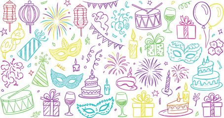 Vector art of handdrawn party elements like masks, cakes, fireworks, and gifts