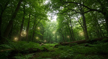 Fototapeta premium Lush green forest landscape with sunlight and illuminated orbs overhead view