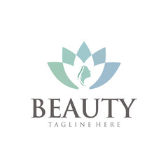 Elegant luxury logo with beautiful face of young adult woman with long hair. Sexy symbol silhouette of girl head and text lettering Beauty, SPA salon