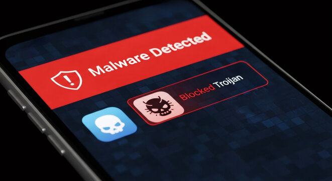 Mobile phone displaying malware detected message. blocked trojan virus on smartphone screen. Cybercrime and data protection concept.