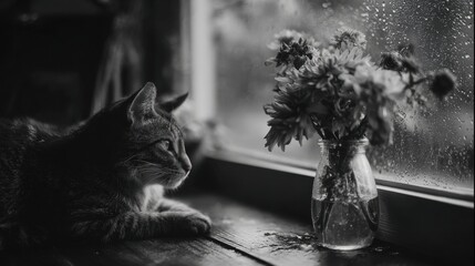Silent farewell with flowers and a cat by the rainy window, tender and sorrowful mood