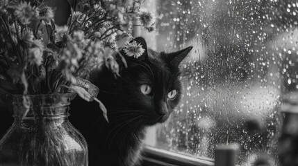 Silent farewell with flowers and a cat by the rainy window, tender and sorrowful mood