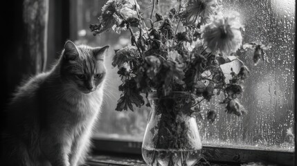 Silent farewell with flowers and a cat by the rainy window, tender and sorrowful mood