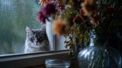 Silent farewell with flowers and a cat by the rainy window, tender and sorrowful mood