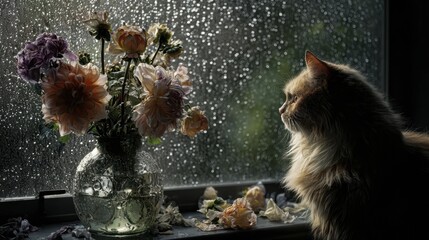 Silent farewell with flowers and a cat by the rainy window, tender and sorrowful mood