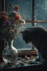 Silent farewell with flowers and a cat by the rainy window, tender and sorrowful mood