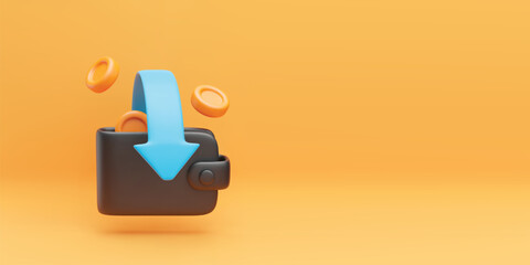 Cashback and money refund 3d banner. Realistic wallet with banknote and gold coins and blue arrow on yellow background. Cashback, money or cash refund concept. Vector sign of money transfer