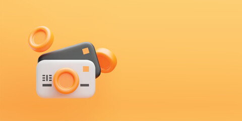 3D payment icon. Credit or debit card with floating coins on yellow background. Business and finance vector flyer. Financial transaction, purchase, payment service concept.