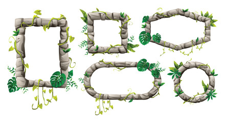 Set of empty stone frames in different shapes with green jungle leaves and twisted lianas on white background. Vector cartoon illustration