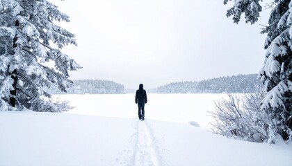 A lone traveler explores a serene, snow-covered winter landscape, walking towards a frozen lake amidst snow-laden evergreen trees