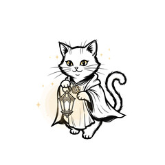 Cute Mystical Cat Holding Glowing Lantern – Ink-Brush Style Fantasy Mascot Logo with Soft Glowing Accents