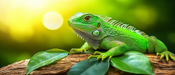 Obraz premium Iguana relaxing on a log surrounded by lush greenery in a sunlit forest nature photography close-up perspective