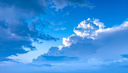 Vibrant blue sky with dramatic cumulus clouds illuminated by the sun