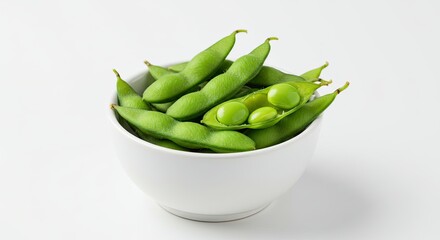 Fresh Edamame Pods in a White Bowl on a White Background.