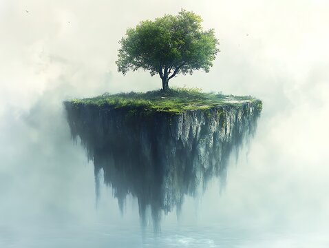 Serene solitude: A solitary tree on a floating island in a foggy abyss
