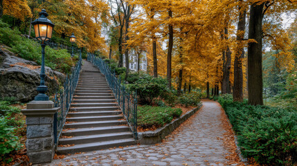 Scenic autumn park pathway featuring vibrant orange foliage, stone steps leading up, and a charming lamp post illuminating the tranquil environment with natural beauty