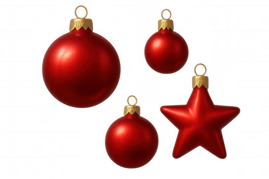 Red christmas decorations set: festive holiday baubles and star ornament on transparent background