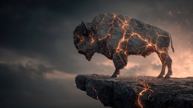Cracked Stone Bison on Cliff with Glowing Fissures