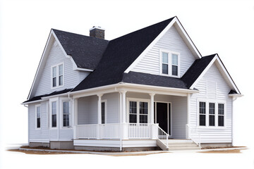 Modern white farmhouse-style home with dark roof and front porch, isolated on white background.