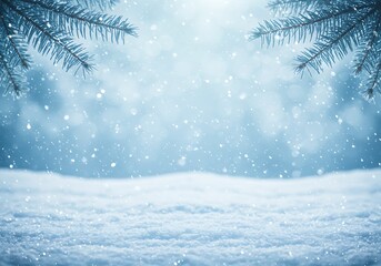 Dreamy winter background with falling snow, snowy foreground, and pine branches framing the cool blue light
