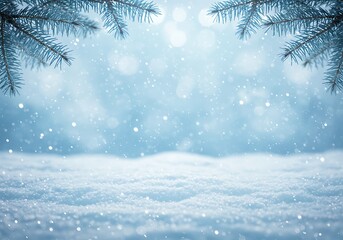 Dreamy winter background with falling snow, snowy foreground, and pine branches framing the cool blue light