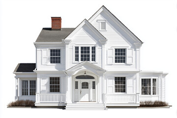 Classic white two-story suburban house with front porch and gable roof, isolated on white background.