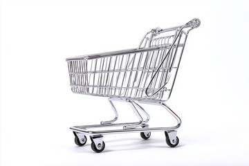 Empty shopping cart isolated on white background. Metal supermarket trolley with red handle and basket, clean studio shot for retail, e-commerce, and marketing concept.